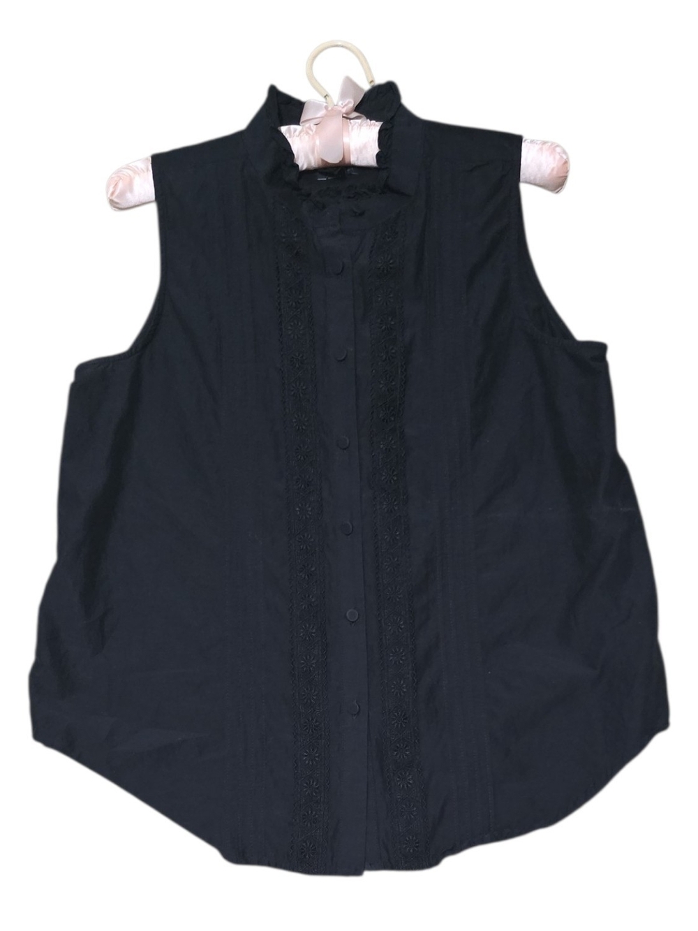 Ann Taylor Sleeveless Black Lace-Trim Ruffle Button-Up Boho Blouse Size Small